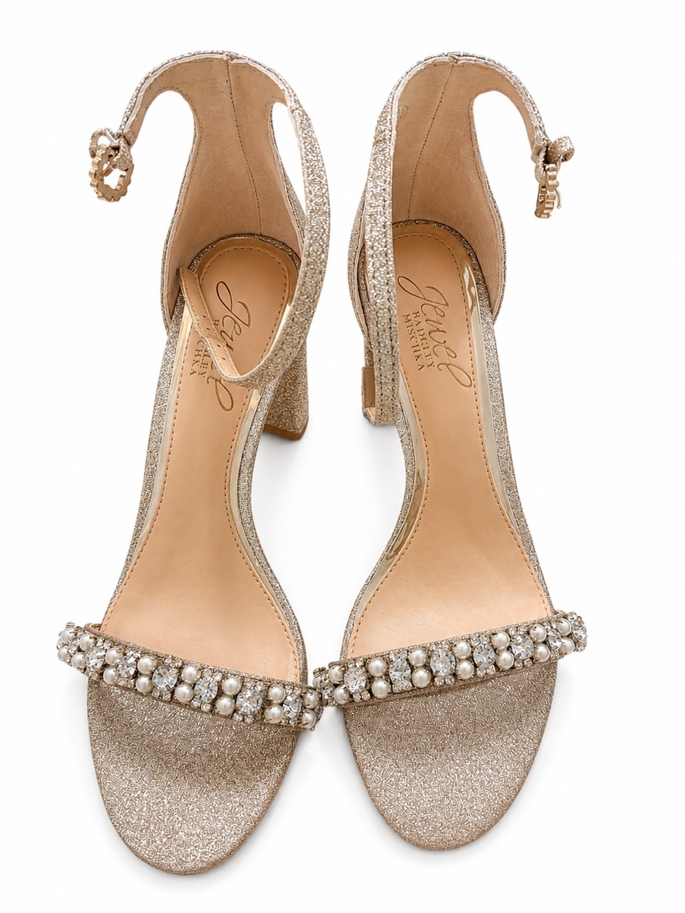 Jewel Badgley Mischka Champagne Gold Pearl & Crystal Block Heel Sandals